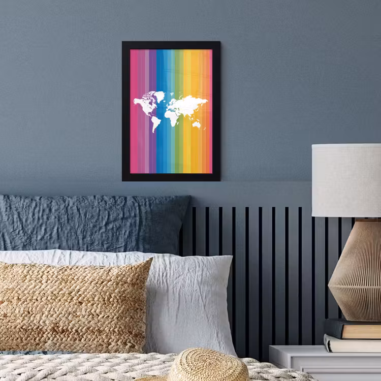 Wit - Wereldkaart - Regenboog - Banen fotolijst zwart zonder passe partout klein -sfeer3