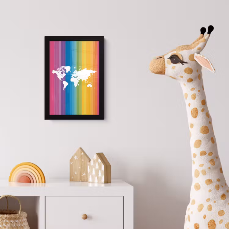 Wit - Wereldkaart - Regenboog - Banen fotolijst zwart zonder passe partout klein -usfeer4_kinderkamer