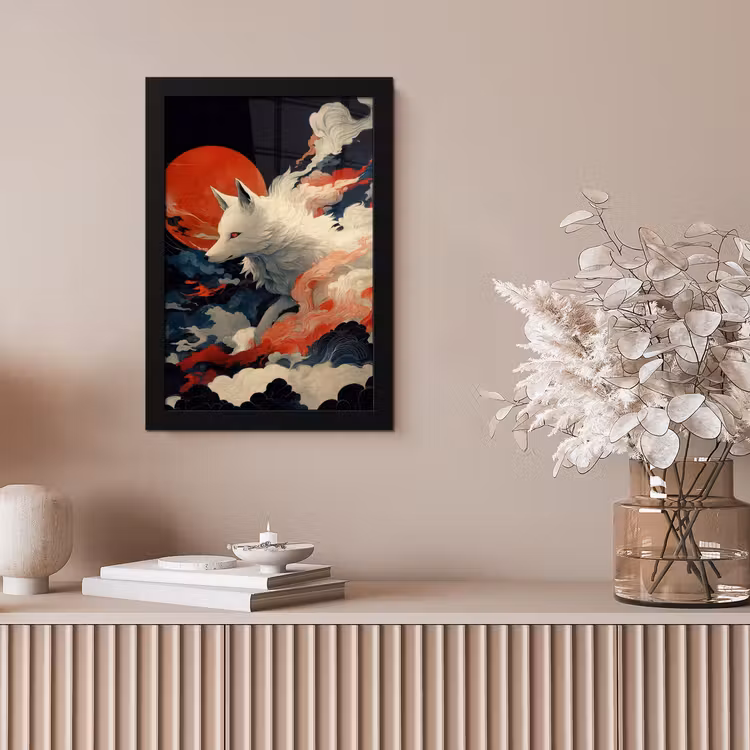 Witte vos - wolken - maan fotolijst zwart zonder passe partout klein -sfeer5