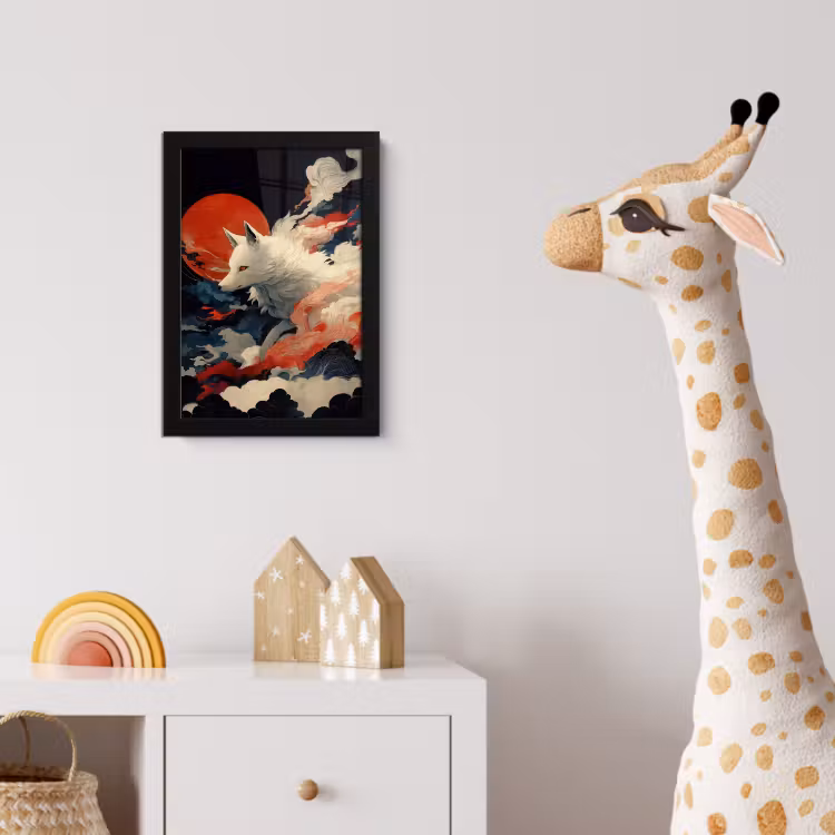 Witte vos - wolken - maan fotolijst zwart zonder passe partout klein -usfeer4_kinderkamer