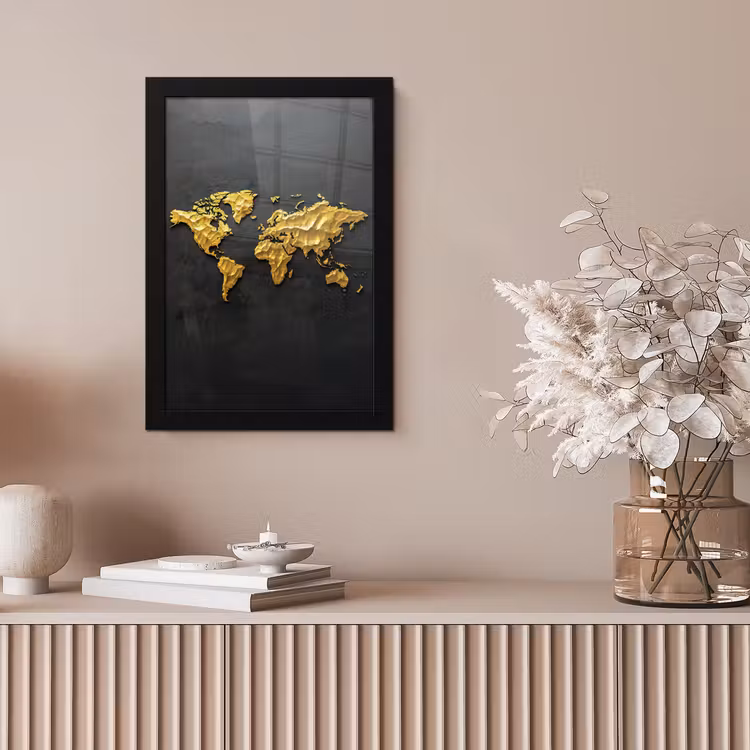 Wereldkaart - 3D Reliëf - Matzwart fotolijst zwart zonder passe partout klein -sfeer5