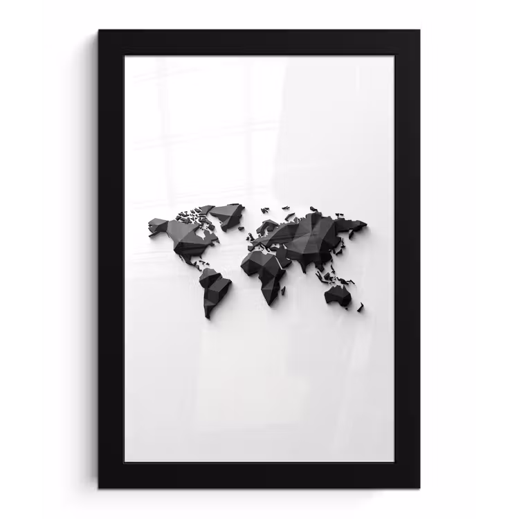 Wereldkaart - 3D - Zwart fotolijst zwart zonder passe partout klein -3d