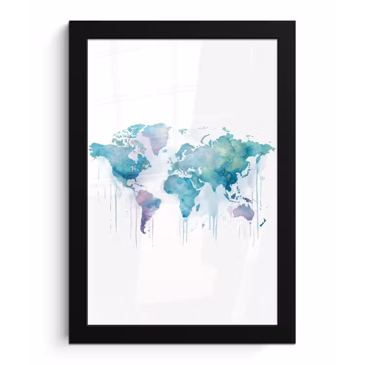 Wereldkaart - Waterverf - Blauw - Druppels fotolijst zwart zonder passe partout klein -3d
