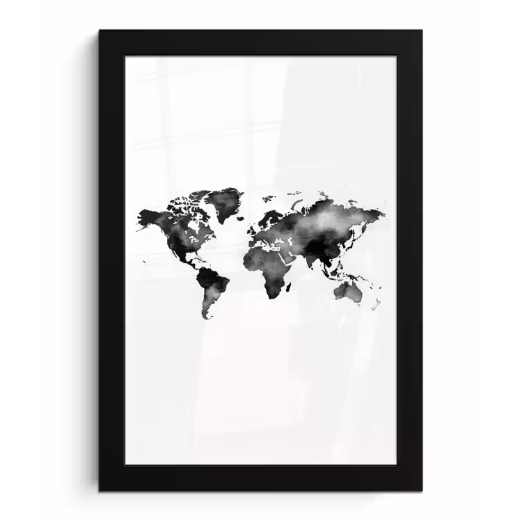 Wereldkaart - Aquarel - Zwart fotolijst zwart zonder passe partout klein -3d