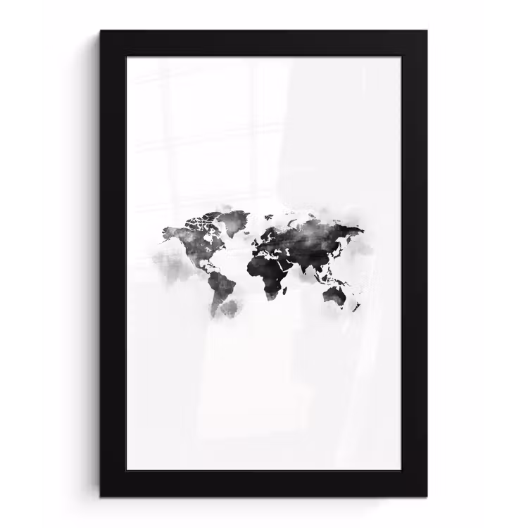 Wereldkaart - Waterverf - Zwart - Wit fotolijst zwart zonder passe partout klein -3d