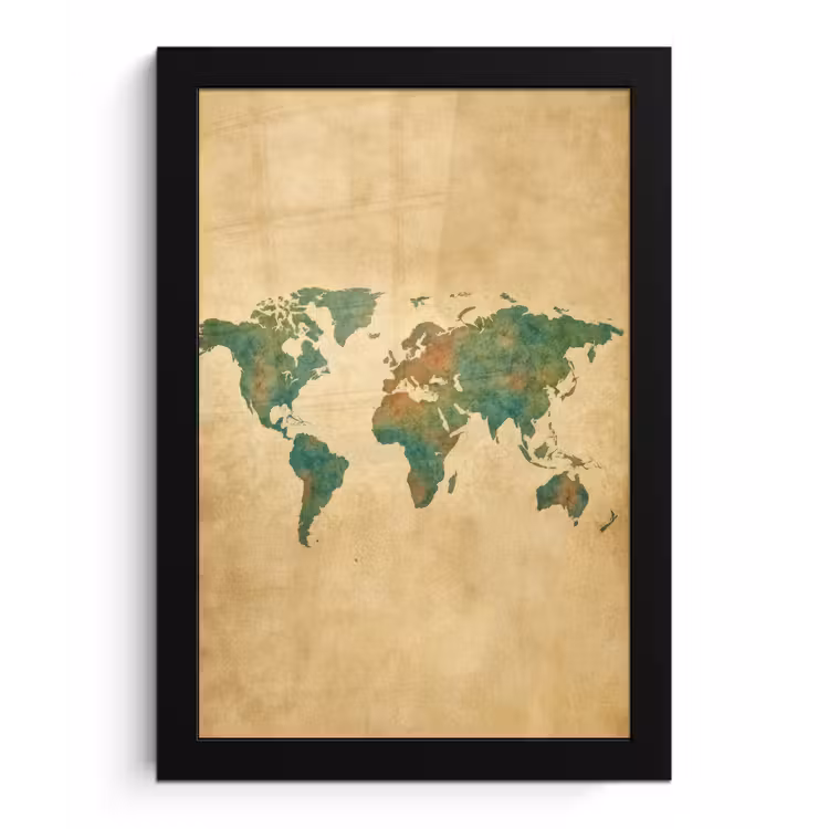Wereldkaart - Aquarelstijl - Oud papier fotolijst zwart zonder passe partout klein -3d