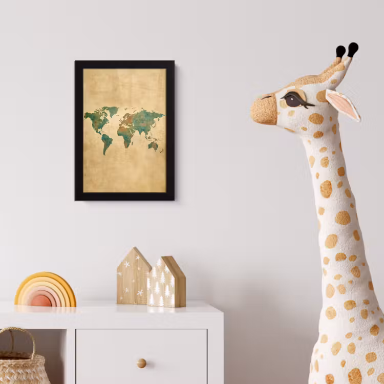 Wereldkaart - Aquarelstijl - Oud papier fotolijst zwart zonder passe partout klein -usfeer4_kinderkamer