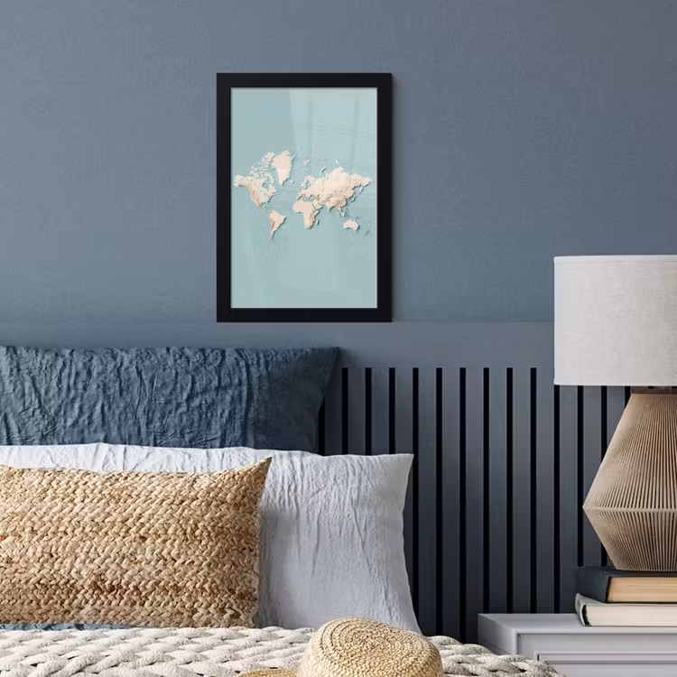 Wereldkaart - Beige - Blauw fotolijst zwart zonder passe partout klein -sfeer3