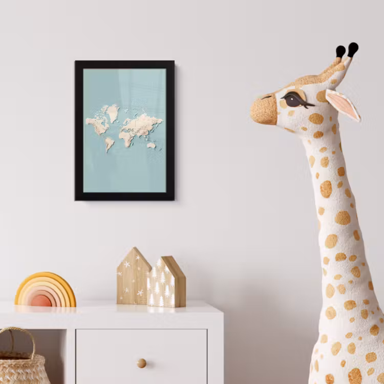 Wereldkaart - Beige - Blauw fotolijst zwart zonder passe partout klein -usfeer4_kinderkamer