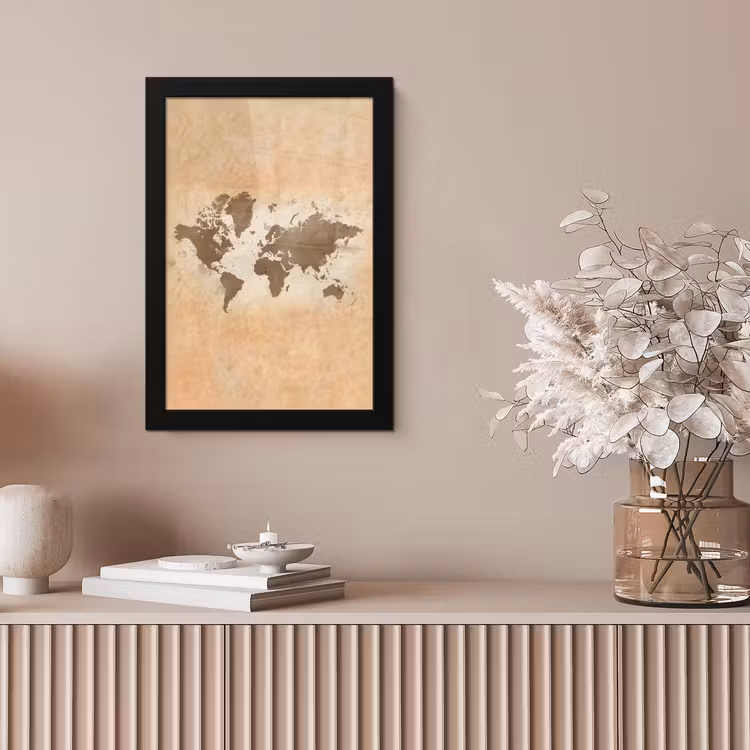 Wereldkaart - Beige - Bruin fotolijst zwart zonder passe partout klein -sfeer5