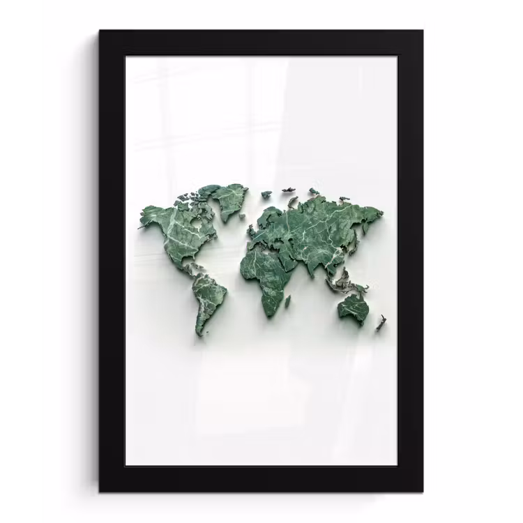 Wereldkaart - Bladeren - 3D fotolijst zwart zonder passe partout klein -3d