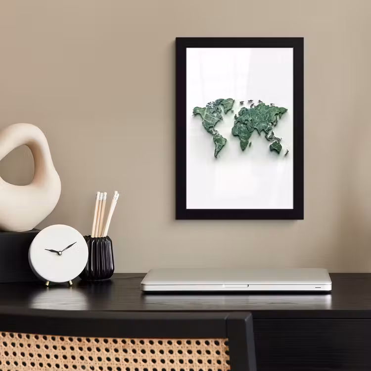Wereldkaart - Bladeren - 3D fotolijst zwart zonder passe partout klein -sfeer1