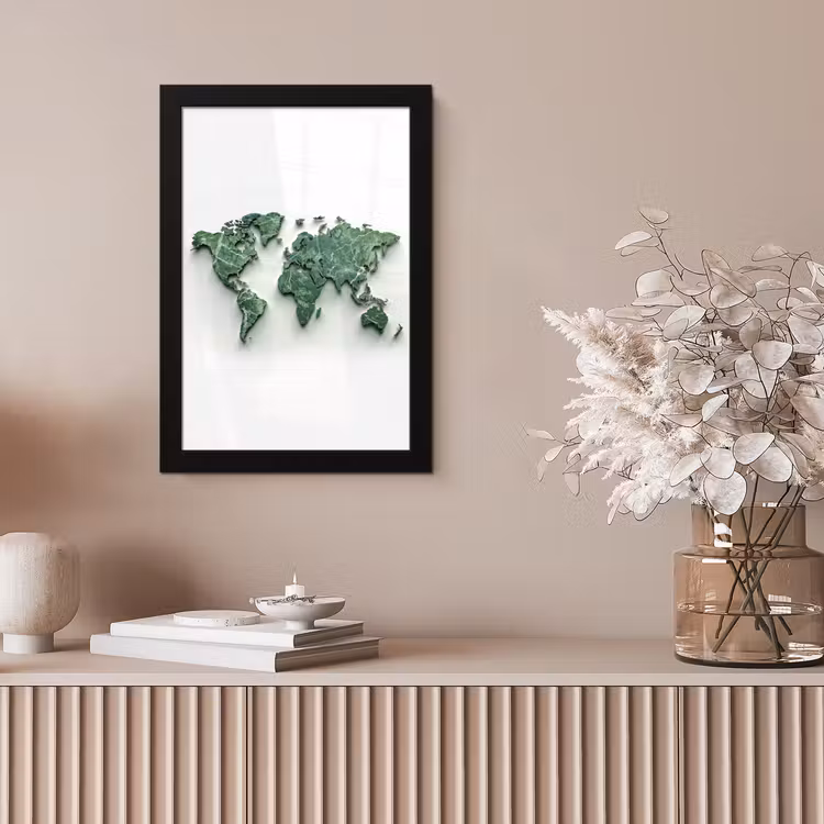 Wereldkaart - Bladeren - 3D fotolijst zwart zonder passe partout klein -sfeer5