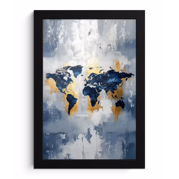 Wereldkaart - Blauw - Abstract fotolijst zwart zonder passe partout klein -3d