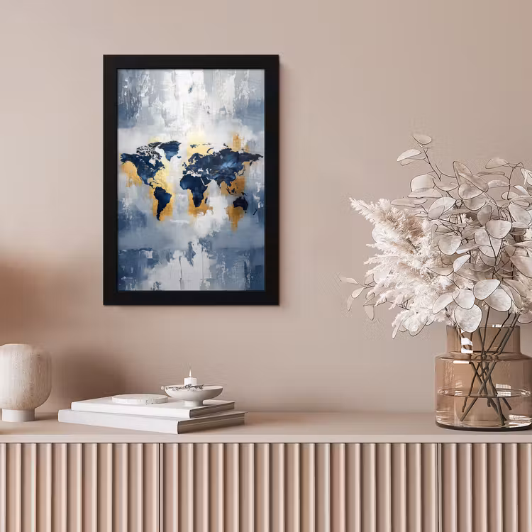 Wereldkaart - Blauw - Abstract fotolijst zwart zonder passe partout klein -sfeer5
