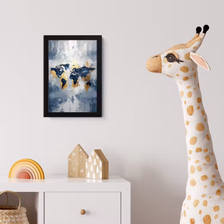 Wereldkaart - Blauw - Abstract fotolijst zwart zonder passe partout klein -usfeer4_kinderkamer