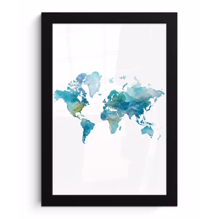 Wereldkaart - Blauw - Geschilderd - Transparant fotolijst zwart zonder passe partout klein -3d