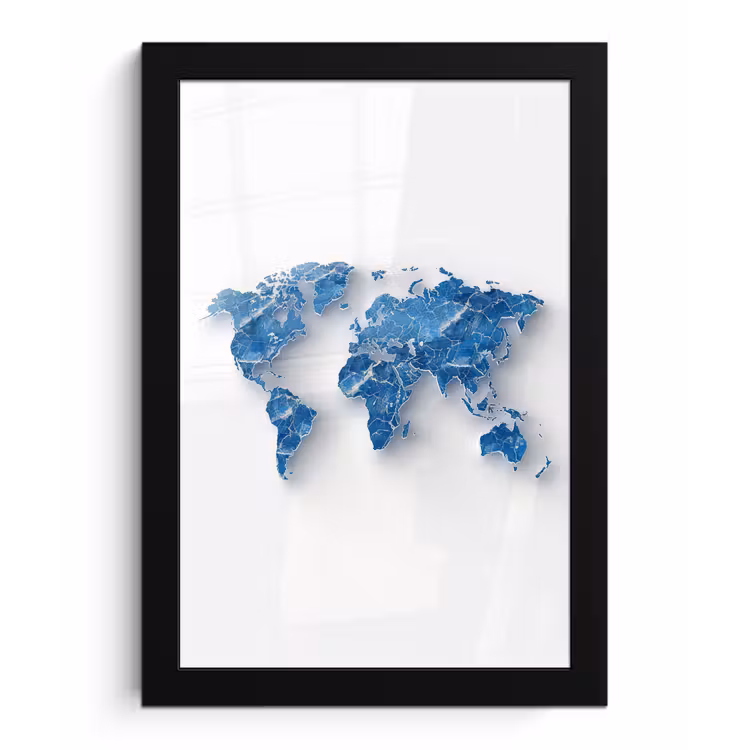 Wereldkaart - Blauwe stedenstructuur fotolijst zwart zonder passe partout klein -3d