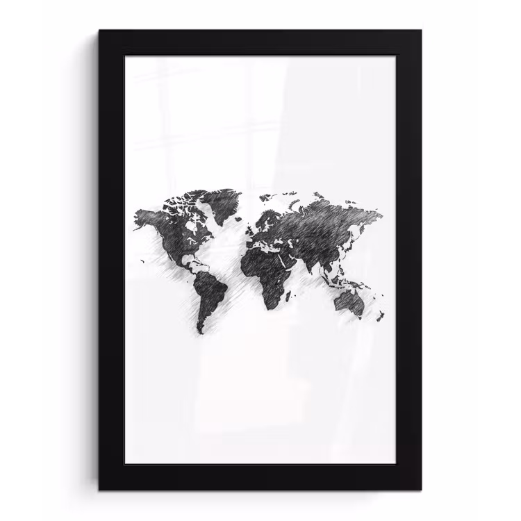 Wereldkaart - Potloodstrepen fotolijst zwart zonder passe partout klein -3d
