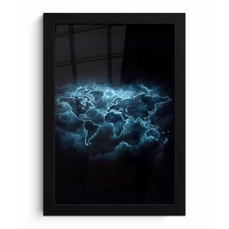 Wereldkaart - Bliksem - Blauw fotolijst zwart zonder passe partout klein -3d