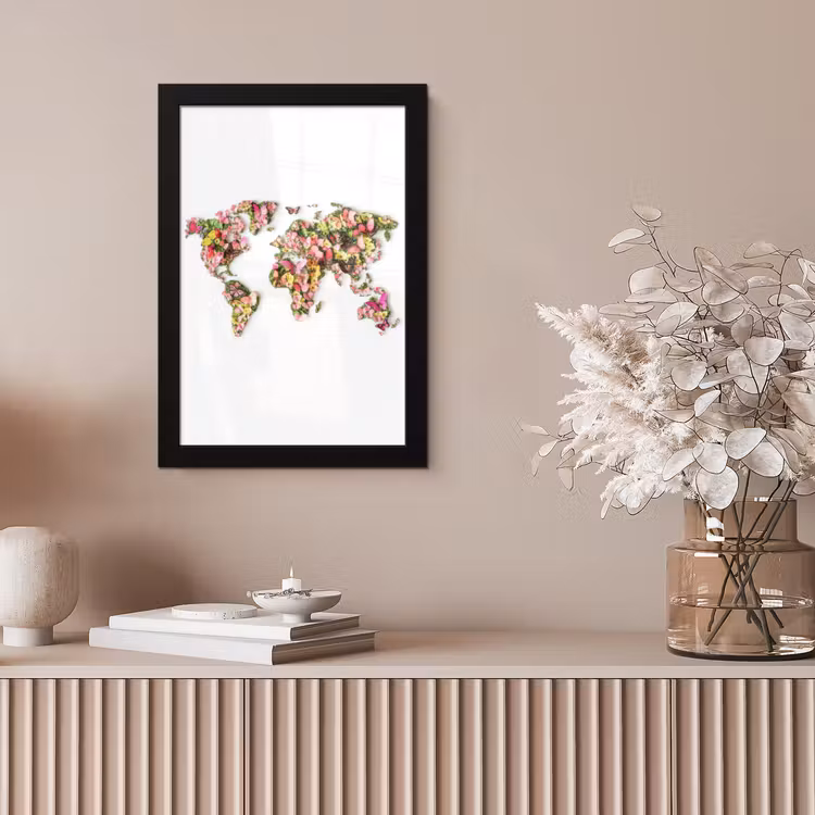 Wereldkaart - Bloemen - Felgekleurd fotolijst zwart zonder passe partout klein -sfeer5