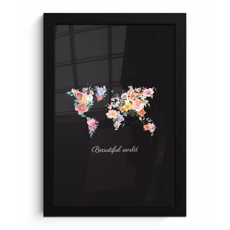 Wereldkaart - Bloemen - Pastelkleuren fotolijst zwart zonder passe partout klein -3d