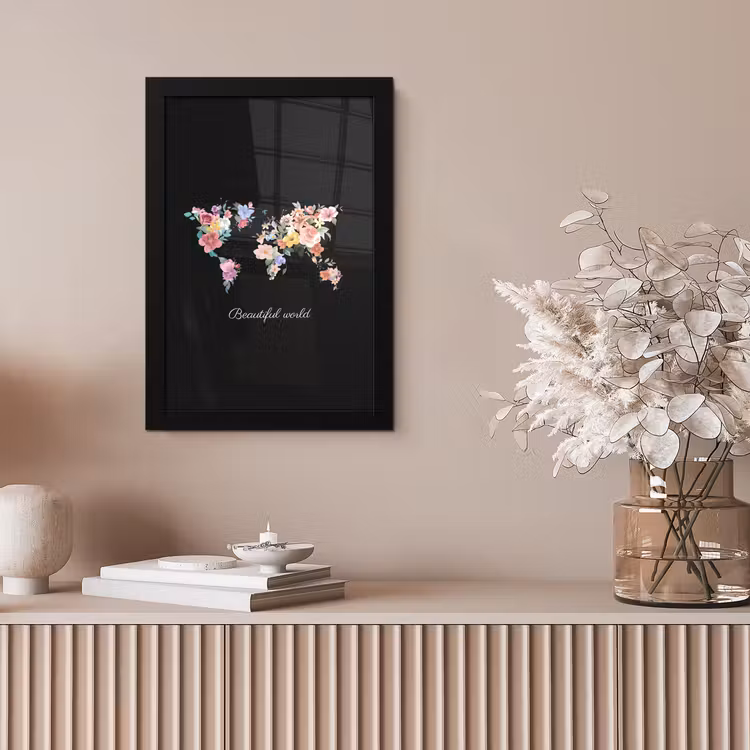 Wereldkaart - Bloemen - Pastelkleuren fotolijst zwart zonder passe partout klein -sfeer5