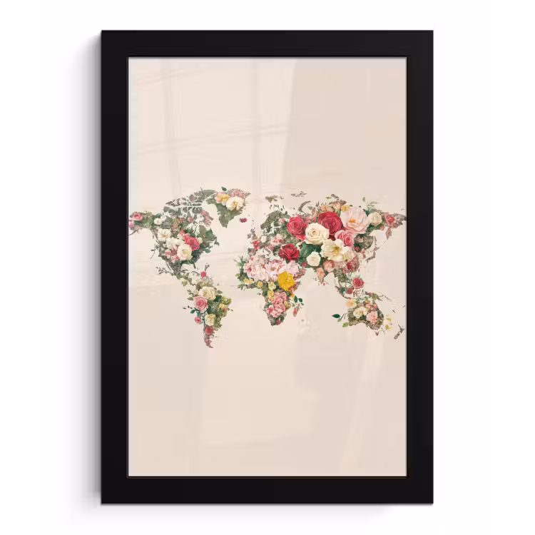 Wereldkaart - Bloemen - Roze fotolijst zwart zonder passe partout klein -3d