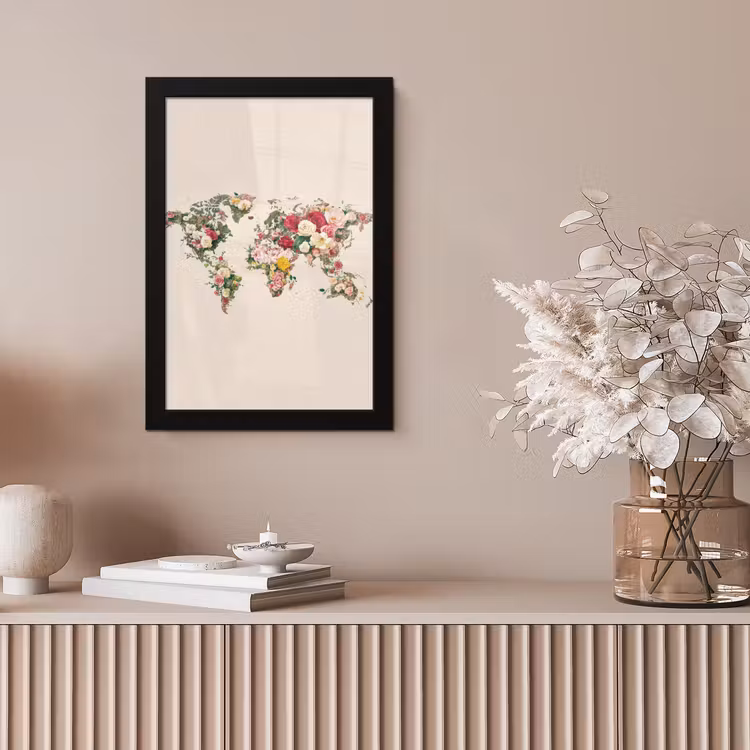 Wereldkaart - Bloemen - Roze fotolijst zwart zonder passe partout klein -sfeer5