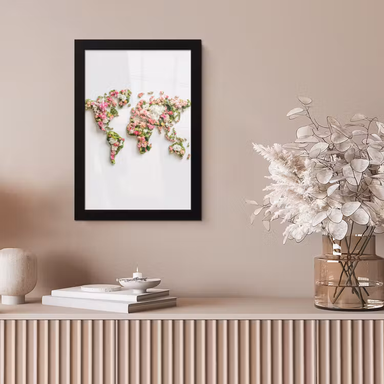 Wereldkaart - Bloemen - Subtiel fotolijst zwart zonder passe partout klein -sfeer5