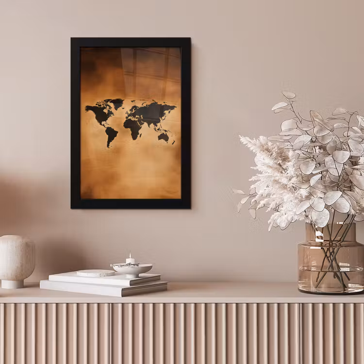 Wereldkaart - Bruin - Kaart fotolijst zwart zonder passe partout klein -sfeer5
