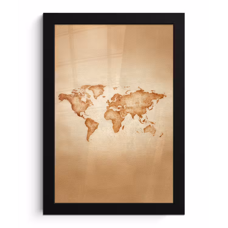 Wereldkaart - Bruin - Klassiek fotolijst zwart zonder passe partout klein -3d