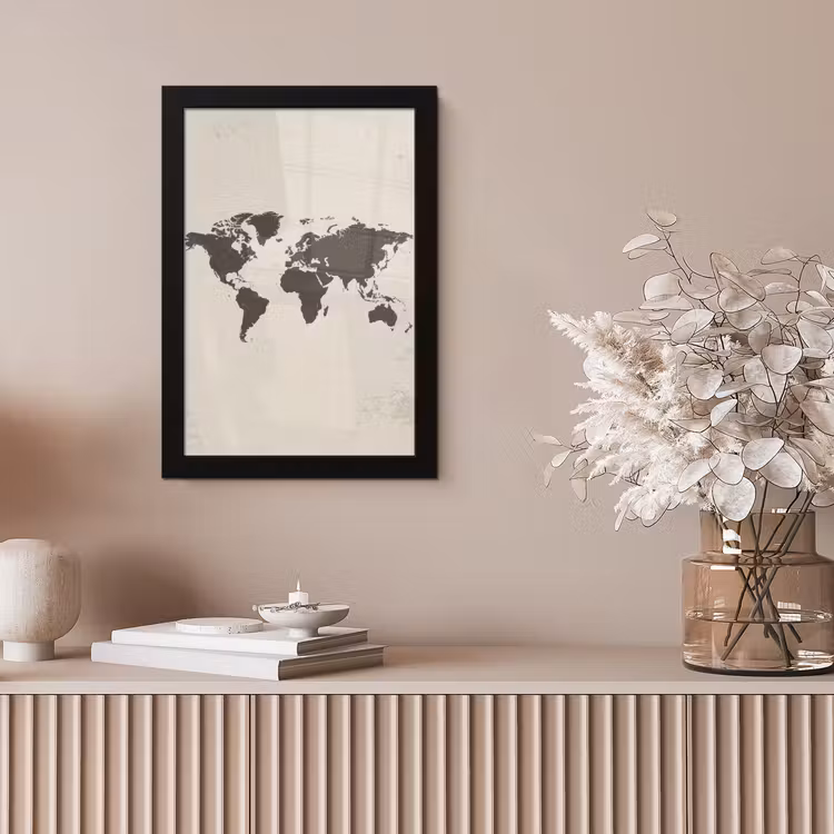 Wereldkaart - Stempelstijl - Ruw fotolijst zwart zonder passe partout klein -sfeer5