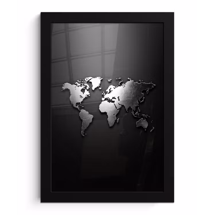 Wereldkaart - Chrome - Zilver - Zwart fotolijst zwart zonder passe partout klein -3d