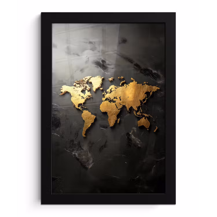 Wereldkaart - Driedimensionaal - Realistisch - Zwart fotolijst zwart zonder passe partout klein -3d