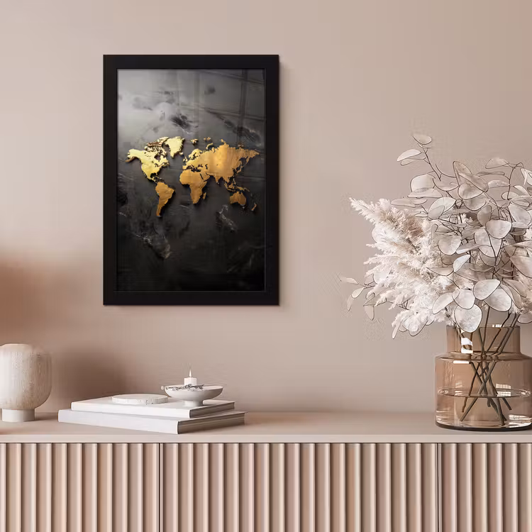 Wereldkaart - Driedimensionaal - Realistisch - Zwart fotolijst zwart zonder passe partout klein -sfeer5