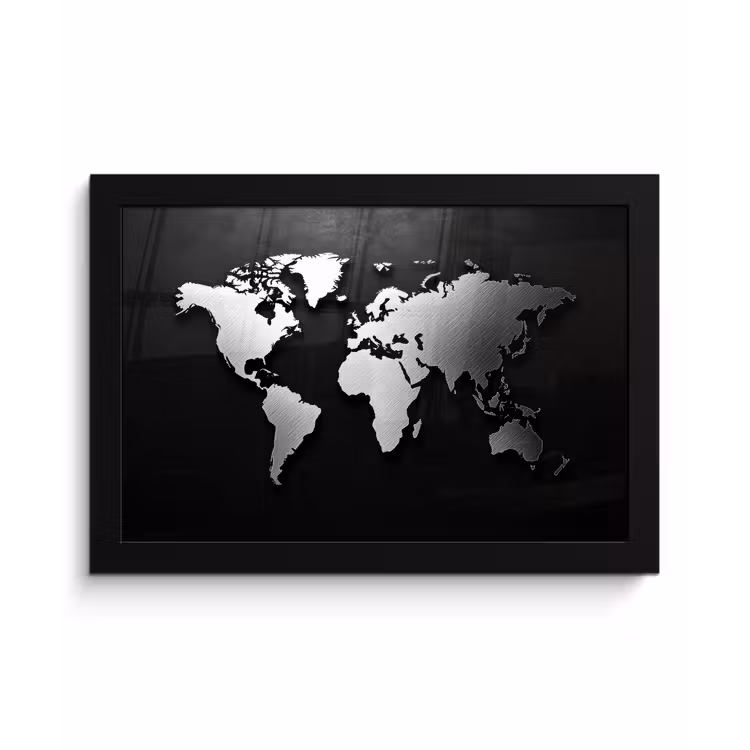 Wereldkaart - Donker - Zilver - Zwart fotolijst zwart zonder passe partout klein -3d