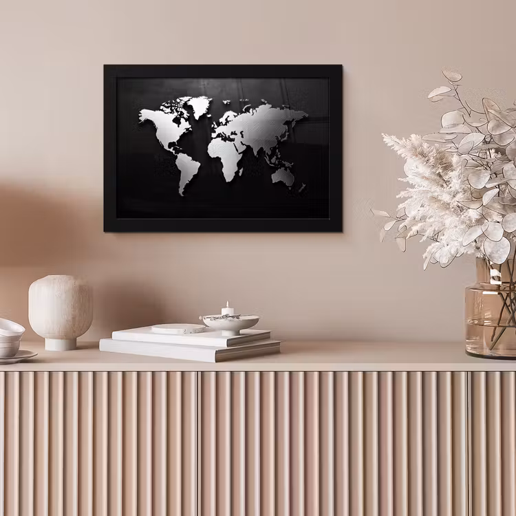 Wereldkaart - Donker - Zilver - Zwart fotolijst zwart zonder passe partout klein -sfeer5