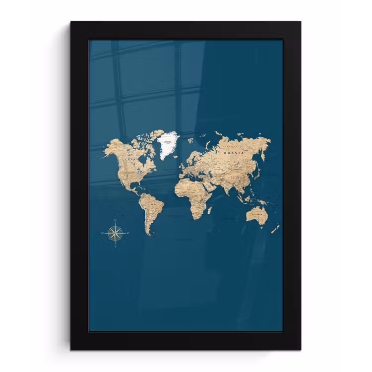 Wereldkaart - Donkerblauw - Beige fotolijst zwart zonder passe partout klein -3d