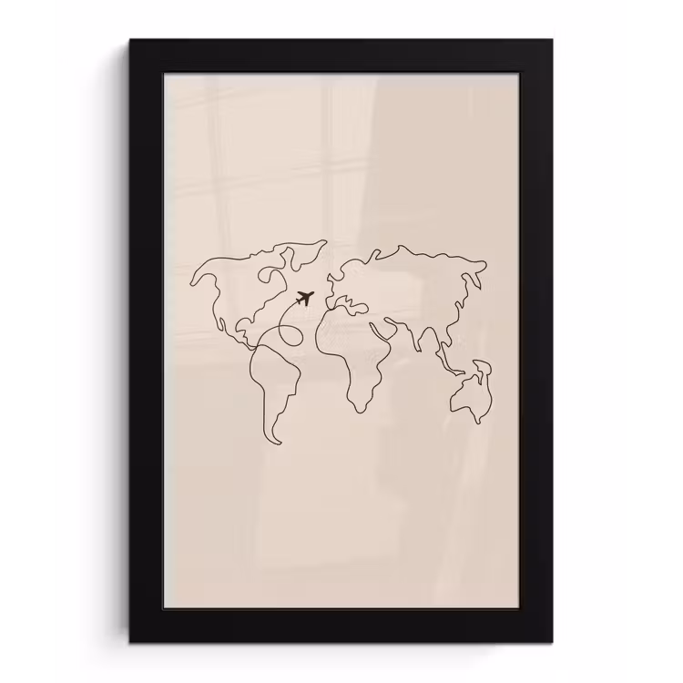 Wereldkaart - Simpel - Vliegtuig fotolijst zwart zonder passe partout klein -3d
