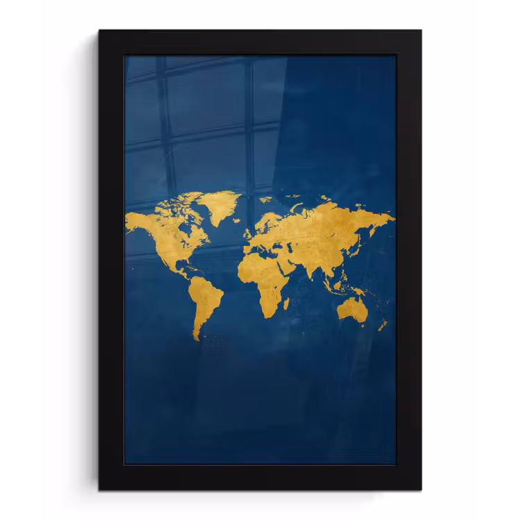 Wereldkaart - Elegant - Blauw fotolijst zwart zonder passe partout klein -3d