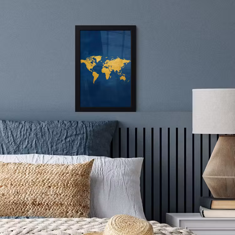 Wereldkaart - Elegant - Blauw fotolijst zwart zonder passe partout klein -sfeer3