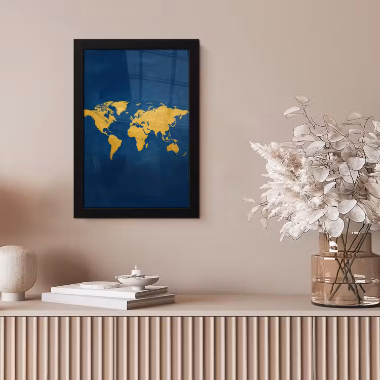 Wereldkaart - Elegant - Blauw fotolijst zwart zonder passe partout klein -sfeer5