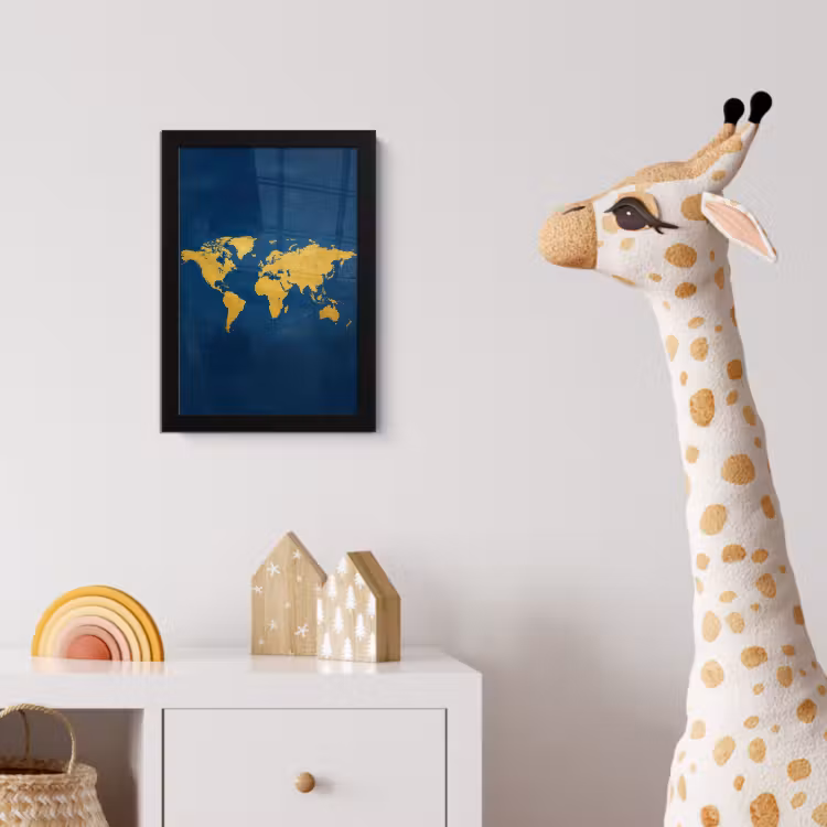 Wereldkaart - Elegant - Blauw fotolijst zwart zonder passe partout klein -usfeer4_kinderkamer