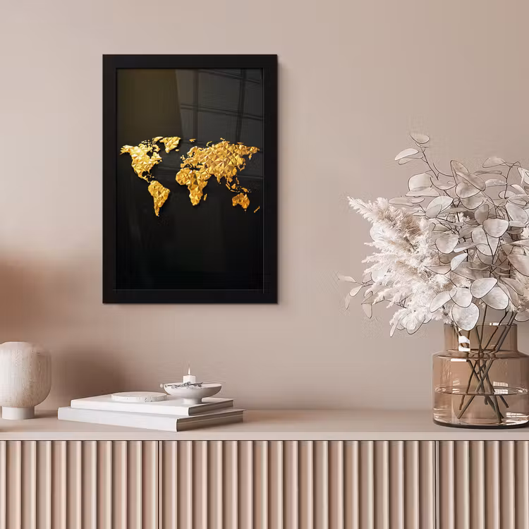 Wereldkaart - Facetstructuur - Driedimensionaal fotolijst zwart zonder passe partout klein -sfeer5
