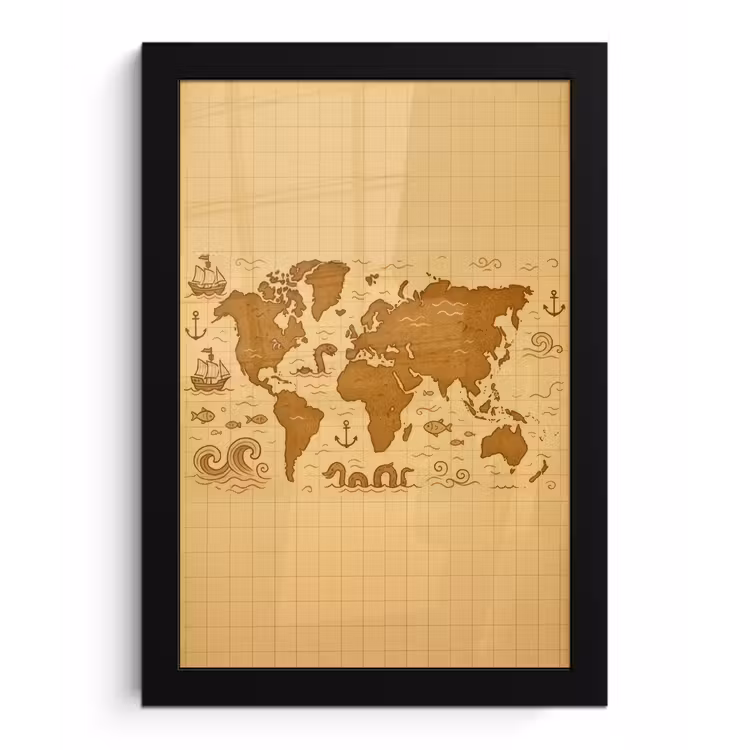 Wereldkaart - Fantasiestijl - Bruin fotolijst zwart zonder passe partout klein -3d