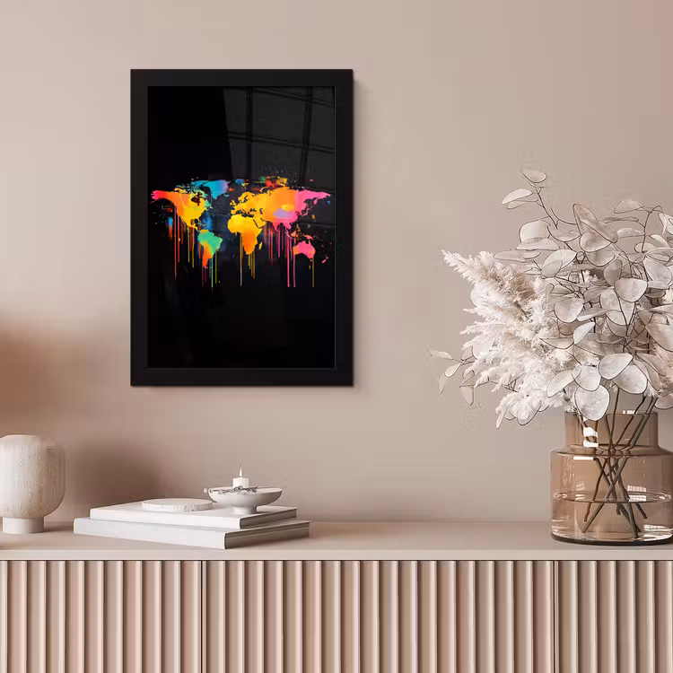 Wereldkaart - Verf - Kleurrijk - Graffiti - Wereld fotolijst zwart zonder passe partout klein -sfeer5