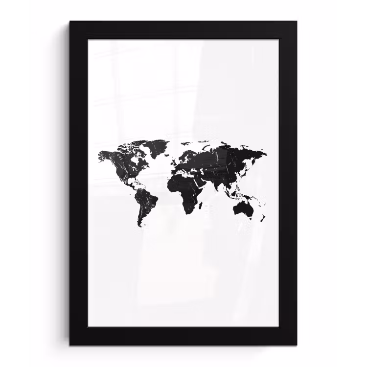 Wereldkaart - Verf - Zwart - Wit fotolijst zwart zonder passe partout klein -3d