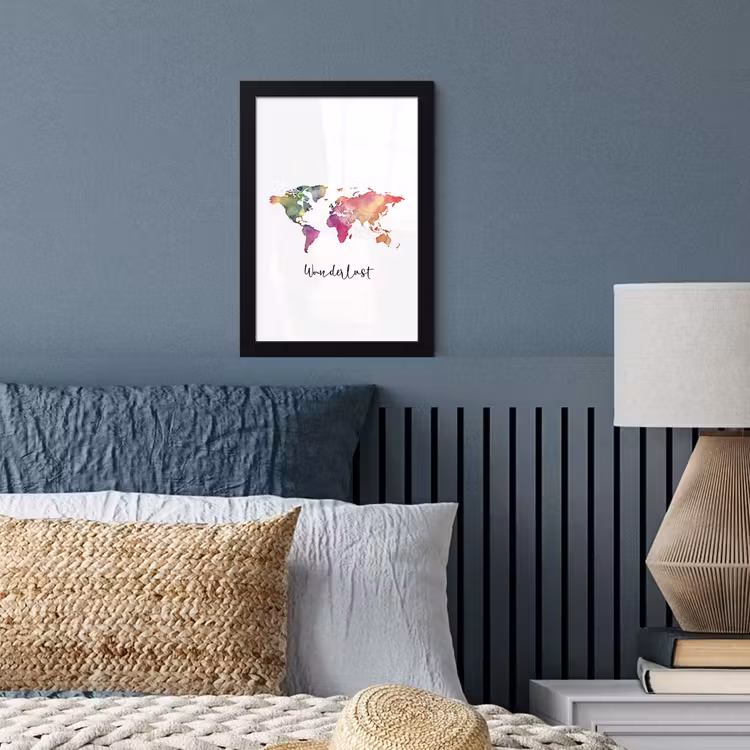 Wereldkaart - Wanderlust - Paars fotolijst zwart zonder passe partout klein -sfeer3