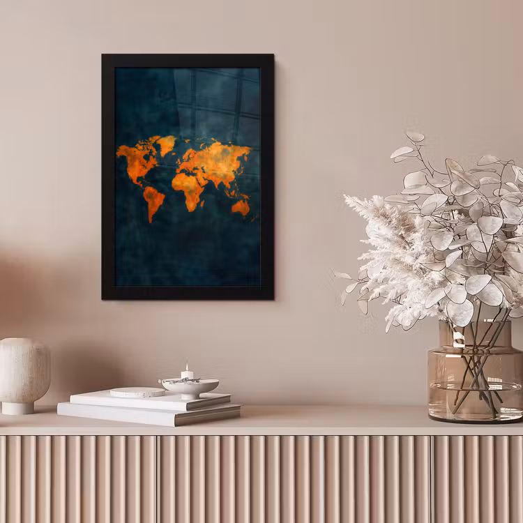 Wereldkaart - Vurige kleuren - Expressieve stijl fotolijst zwart zonder passe partout klein -sfeer5